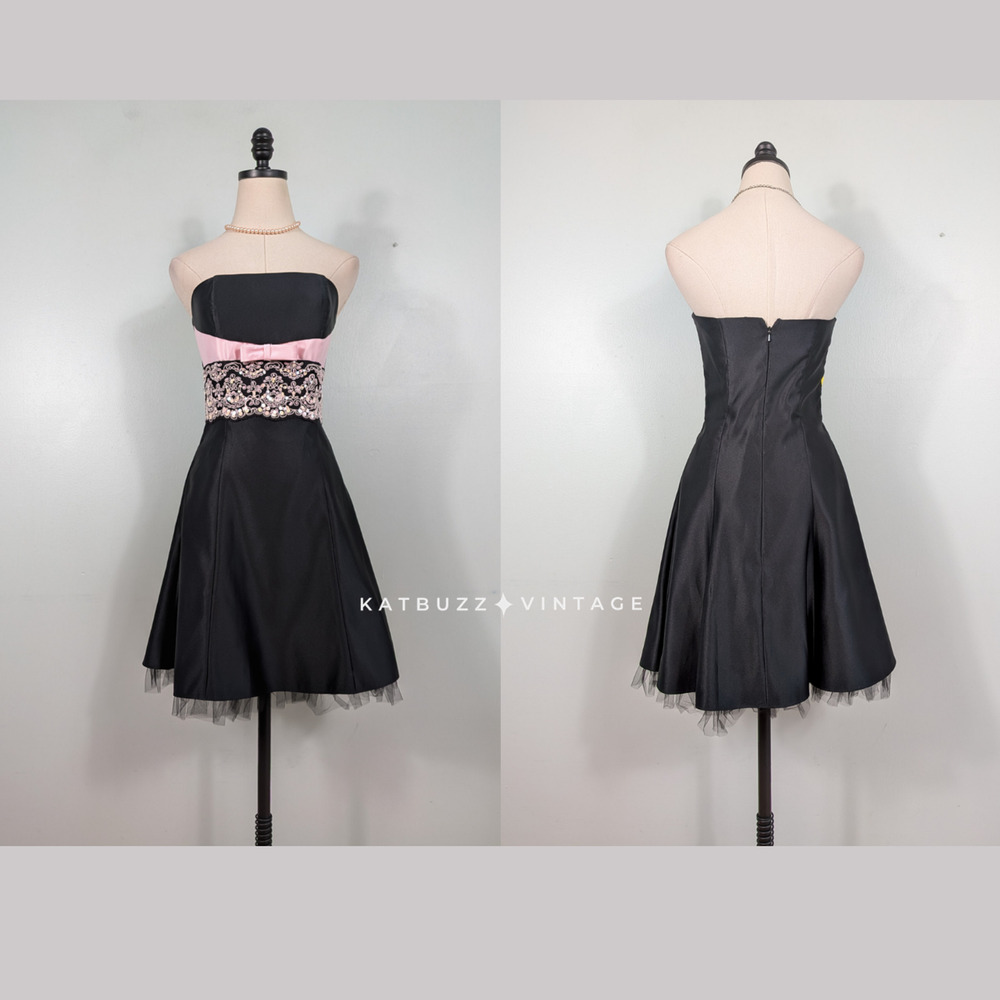 Vintage McClintock Prom Dress Mini Gown S Pink Black Y2K Bow Coquettte Y2K Hoco